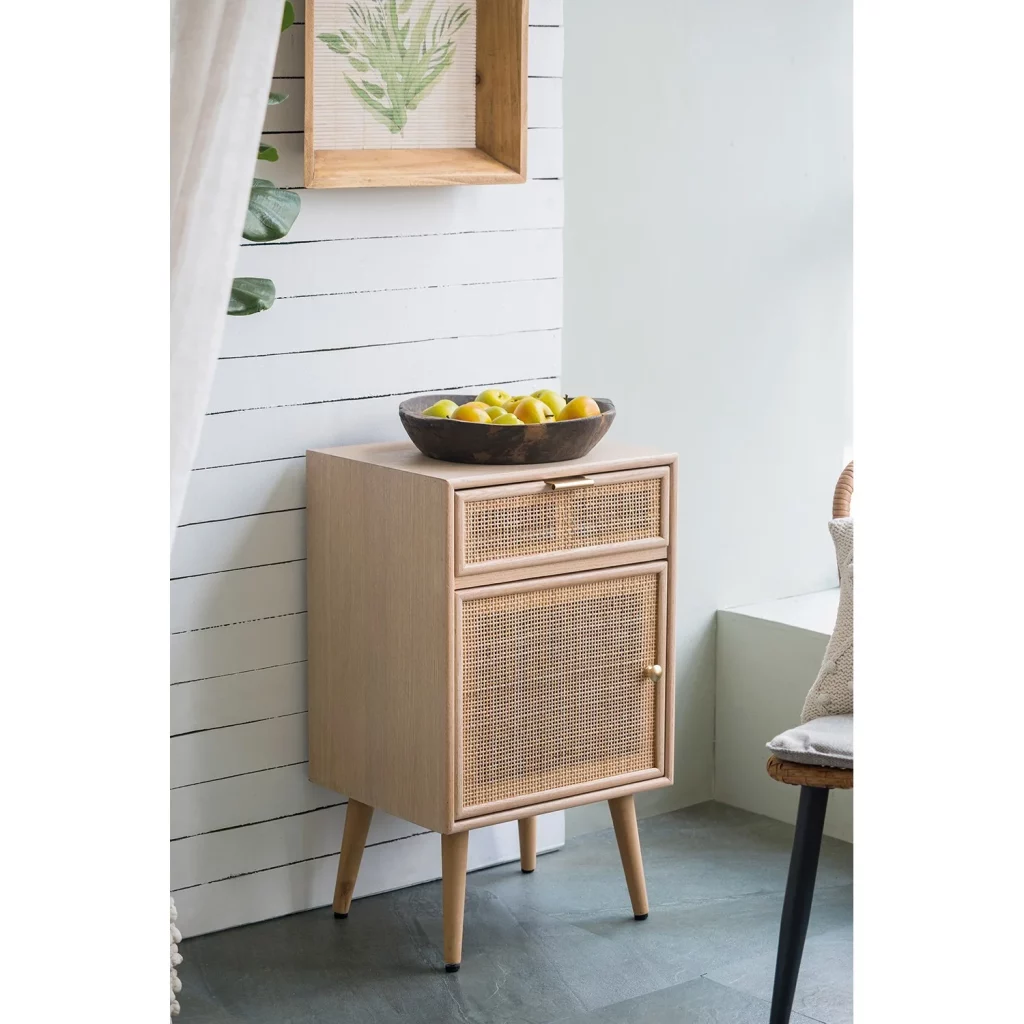 Lovell Bedside Table with Rattan Drawer and Door